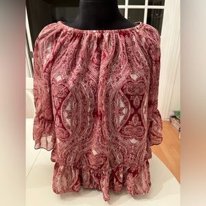 Red and cream floral, feminine blouse